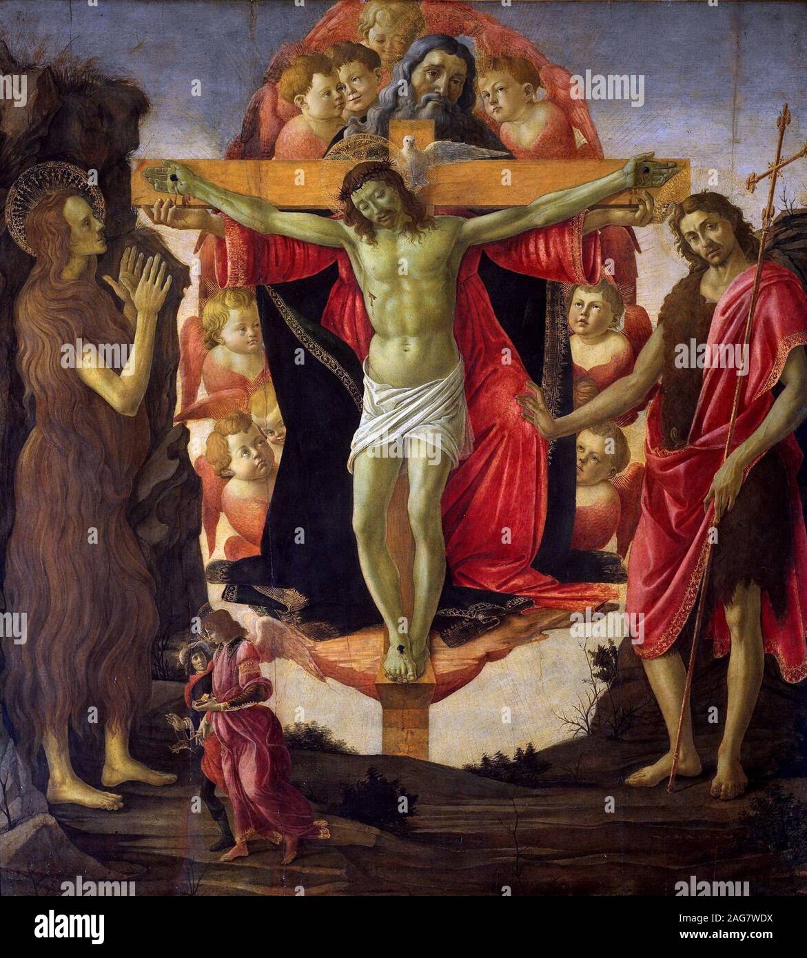 Die Heilige Dreifaltigkeit mit Heiligen Johannes dem Täufer, Maria Magdalena, Tobias und Raphael, 1491-1493. In der Sammlung des Courtauld Institute, London gefunden. Stockfoto