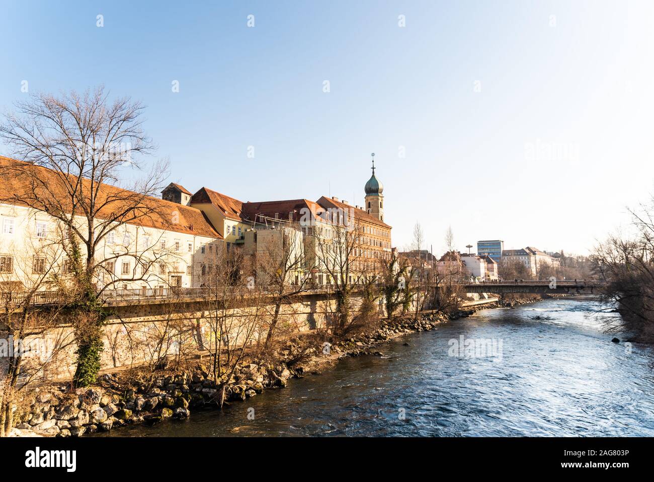 Stadt Graz Mur River, River Bank, Stadtzentrum, in der Steiermark in Österreich Stockfoto