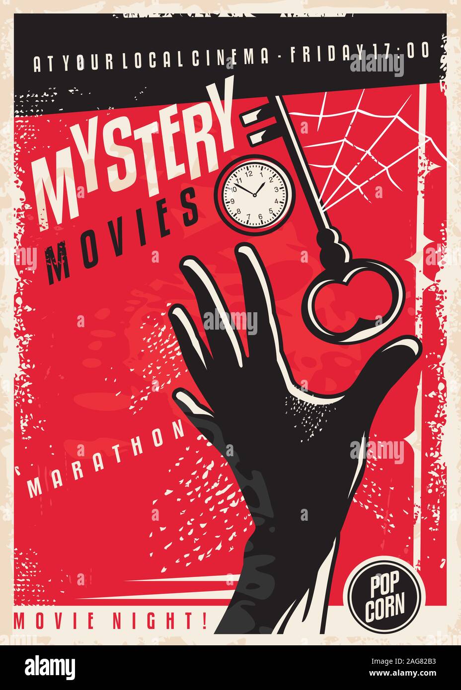 Mystery Filme Marathon retro Kino Plakat Design. Filmplakat Vorlage mit hand Silhouette, Uhr, Schlüssel und Spinnennetz. Vektor Layout. Stock Vektor