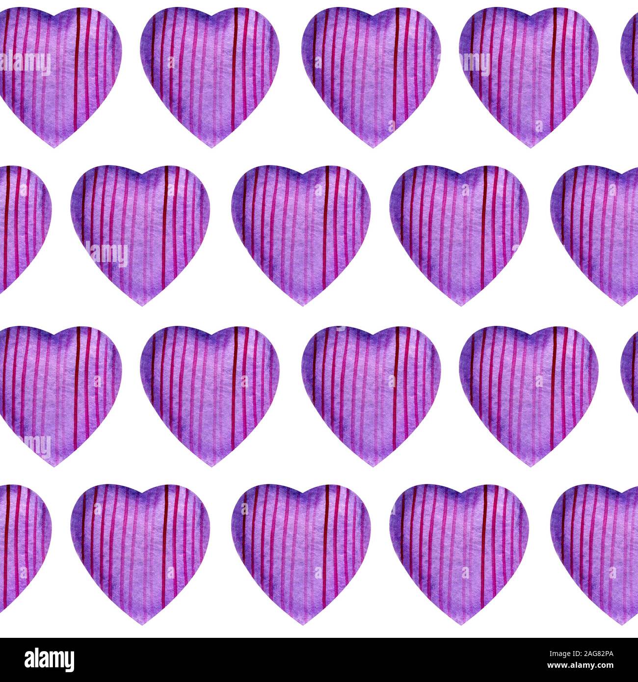 Nahtlose Muster mit Aquarell Herzen. Angebot Purple Hearts mit Papier Textur mit geraden violette Linien auf einem weißen Hintergrund. Für Hochzeit invitat Stockfoto