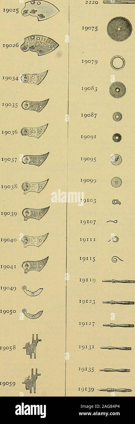 . Jahrhunderts Katalog der Lieferungen für Uhrmacher, Juweliere und verwandte Berufe. 20 erowMlwmilEa. 19059 o 1914719151 1916319167 19159 ISS I9 19 I7 I I 9 I I 9 3 7319179 19187? I 9 I 9 I 19195^^ 19199 19203 Q 19207 Q 19211=&gt; 19215-19223 19227 19219 g, I&gt; ich habe 923 ICH • - schneiden Sie NICHT NOCH ANDERWEITIG dieses VERUNSTALTEN SEITE. Um nach Nummer. Jahrhunderts Katalog der Liefert AMERICAN WALTHAM WATCH CO. S MATERIALIEN. O GRÖSSE - ICH?, EG 3-XJX^^ A. ICH^^. Stammzellen WICKLUNG UND ANHÄNGER EINSTELLUNG. (MODELL DER ICH 891.) Nettopreise pro Dutzend. SEASIDEGRADE. Juwelen im Rad, vergoldet, Gelb, Übersicht zurück - Rot, Gesicht? Nickel, Anzeigen Stockfoto