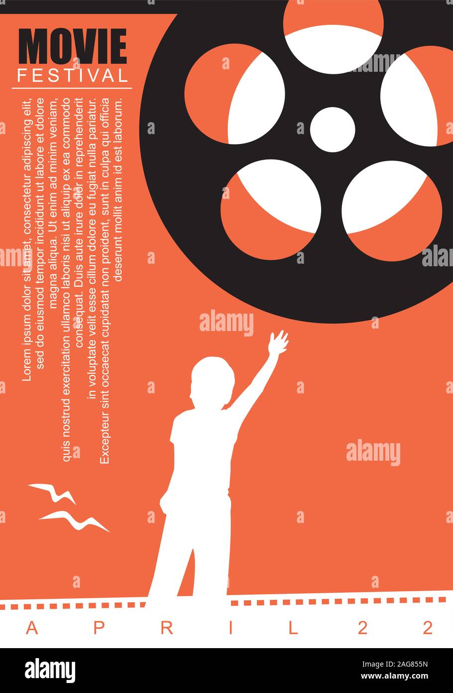 Film Poster Hintergrund mit Filmrolle und Kid Grafik. Künstlerisches Kino, Plakat, Flyer, Broschüre, Prospekt oder Ad Design. Stock Vektor