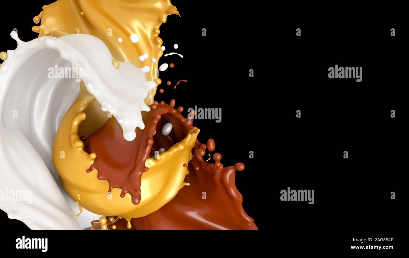 Schöne, Süße, köstliche Hintergrund Spritzer von Schokolade, Milch und Honig. 3D-Rendering, 3D-Darstellung. Stockfoto