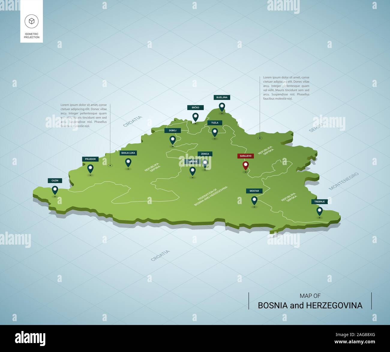 Stilisierte Karte von Bosnien und Herzegowina. Isometrische 3D-grüne Karte mit Städten, Ländergrenzen, Hauptstadt Sarajevo, Regionen. Vector Illustration. Bearbeitbare Layer c Stock Vektor