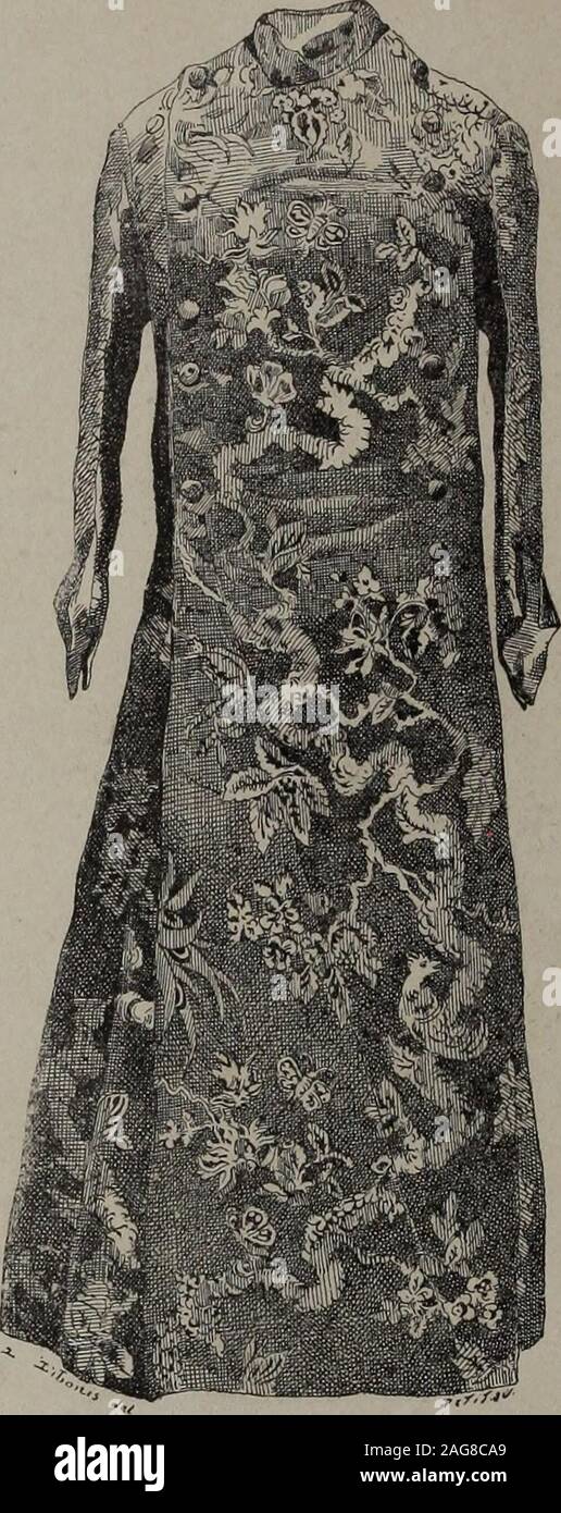 . Histoire du tissu Ancien à l'Exposition de l'Union Centrale des Arts Décoratifs. TENTURE: SUJETS CHINOIS Exécutée En Soie Chenille, daprès los Kartons de Philippe de la Salle, xvin "siècle", [(Mtiséo dart et dindustrio tun Lyon.) 100 HISTOIRE DU TISSU ANCIEN. A côté de cet illustre Lyonnais, il nous faut citer aussi Camille Pernon, le producteurde ces Reichtum étoffes nicht Philippe de la Salle avait été le Spielzeit et qui fut un desplus habiles Fabricants de soieries de Lyon. Sous Louis XV, le typejaponais avait été mis à la mode par Echaud, et Jean Pillementdessinait aussi Les modèles de Stockfoto