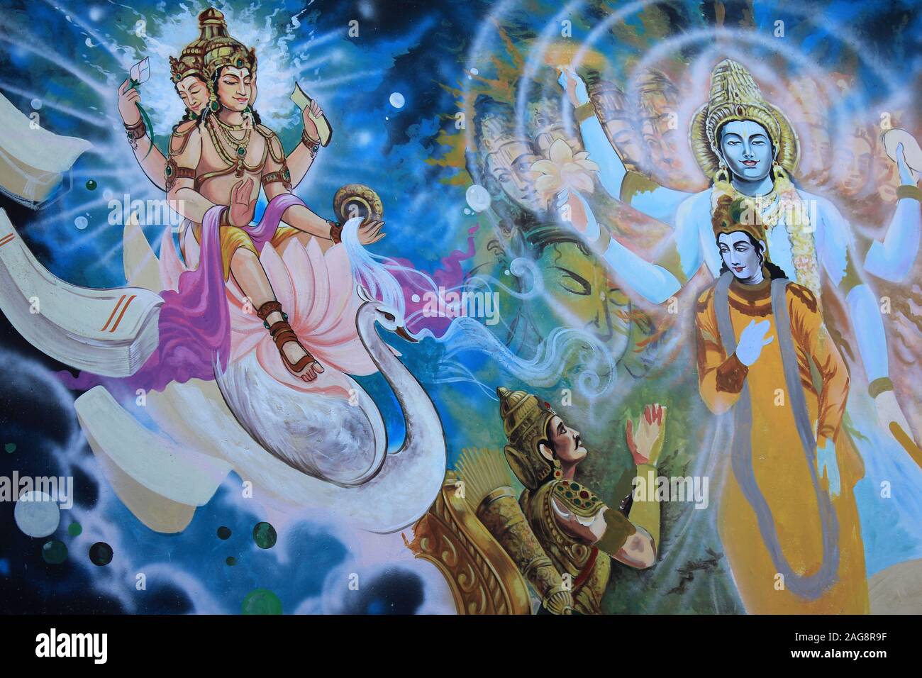 Hinud Kunst aus Ramayana einschließlich Lord Brahma reiten sein Fahrzeug (vahana) ein weißer Schwan (Hamsa) Stockfoto