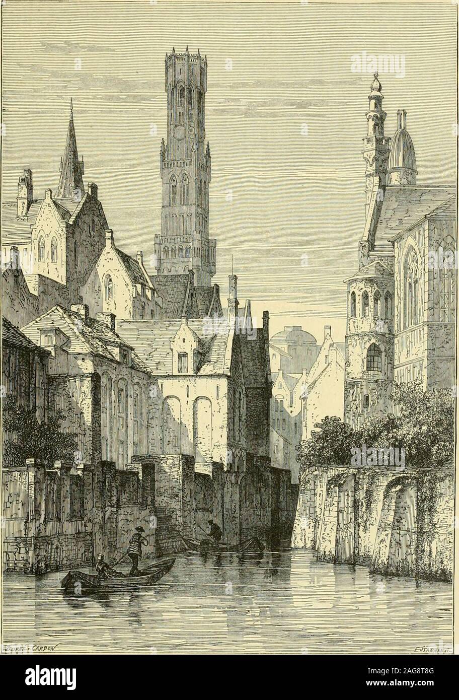 . Brügge. Monumentale et Pittoresque. Frontispice et Dessins de Armand Heins, Ed. Duyck etc. r. Lentre |) 6 t des fiiturs chandises niar-des-maitres dela Belgique elait etabli eine coinde la rue du Coq-Rouge. Lescarmes ou Freres de Notre-Dame avaient un Couvent ruedes Carmes. II fut su |) primeen 1707. Les balimonts sontoccupes, aujourdliui.par" labrasserie deii Brandliaek". Un-^ Hopital]) 0 ur Les j) elerins avail rem-] tl&lt; Eis, (piai de la Iofteiie, La cliapelle desPotiers. Eine mez Hopital etait FeglisoJ annexe Notre-Dame de la Potterie. Quai de la Grue, d a Ait une Gru (". •^ La Grand Place | "os Stockfoto