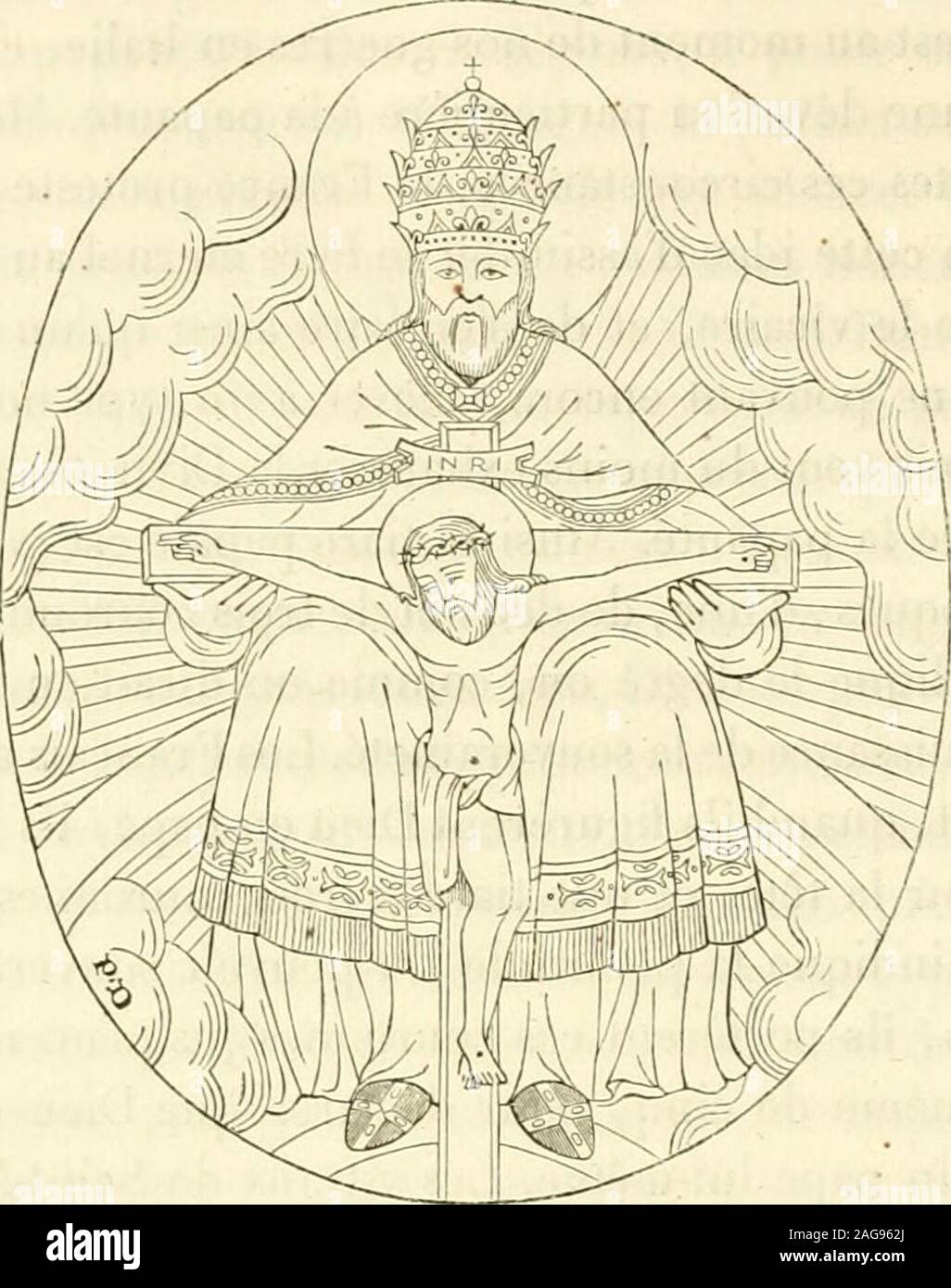 . Iconographie chrétienne; Histoire de Dieu. ieux Beispiele, et le Suivant, quon vollendete Stichel et qui Vient de Saint-Martin, donne ainsiDieu Le père Mieter Sohn fils Attaché à la Croix. Le Père est vêtudune Aube, Dune tunique, dune Mantel et dune Tiare, commele Pape; Mais sur la. tiare sétagent, non plus trois couronnesseulement, mais Cinq, toutes décorées de fleurons et de fleursde Lis comme Celles de nos Rois de France. En Champagne, Dieu est donc Supérieur de deux Belleville au Pape. Auf remarquera la chaussure de Dieu dans ce Dessin. En iconographie chré-tienne, Dieu a les pieds nus Presque touj Stockfoto
