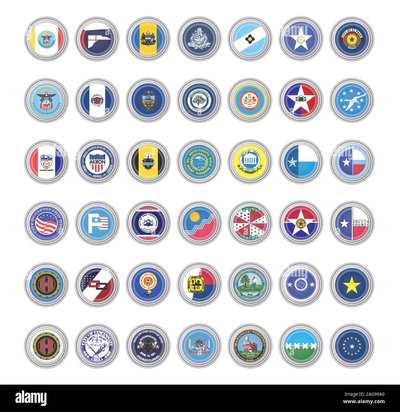 Satz von Vector Icons. Flaggen der USA Städte. 3D-Darstellung. Stock Vektor