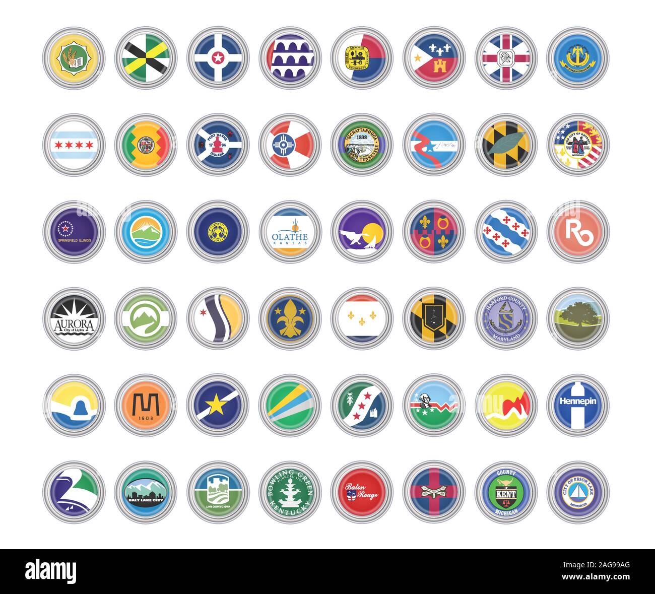 Satz von Vector Icons. Flaggen der USA Städte. 3D-Darstellung. Stock Vektor