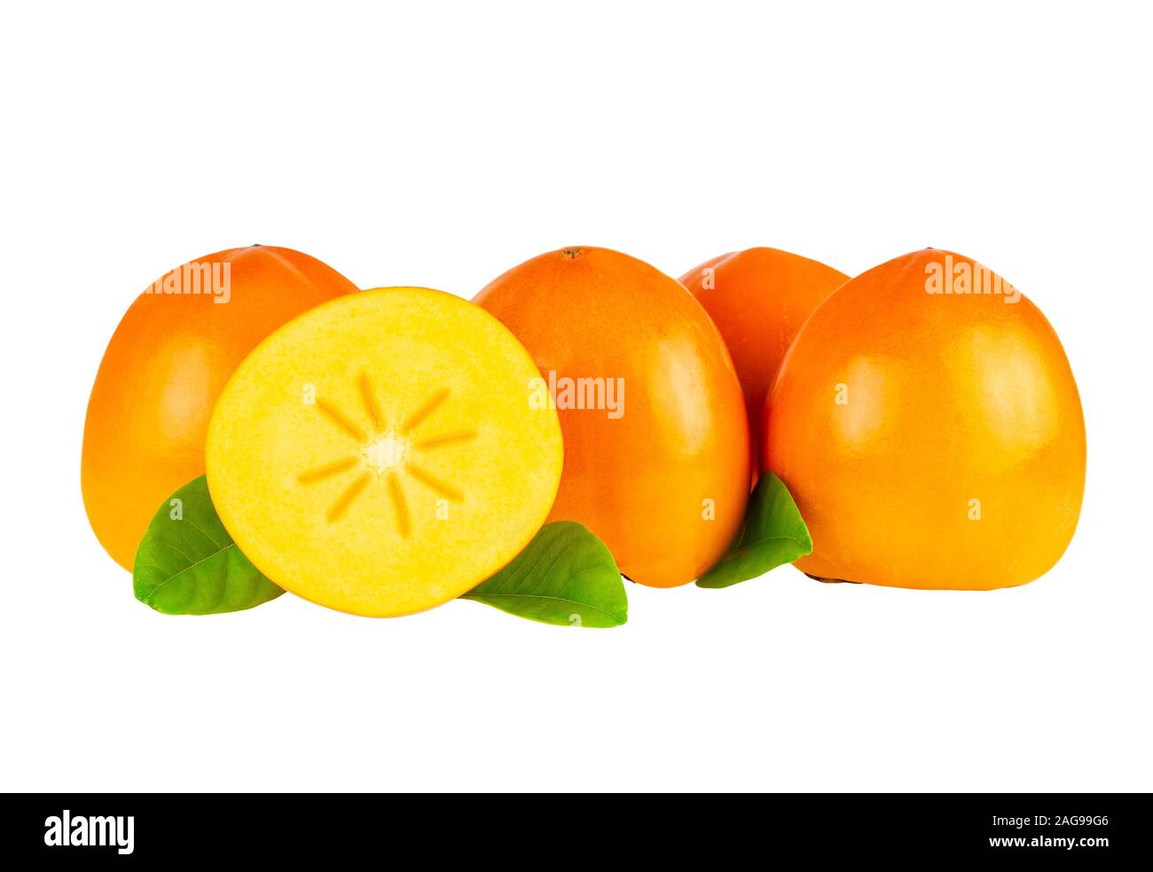 Persimone Ganze und halbierte Frucht isoliert auf weißem Hintergrund. Persimone Früchte retuschierte Bild. Stockfoto