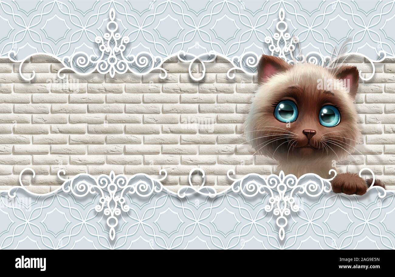 3d Wallpaper, niedlichen Baby Hintergrund mit Katze. Baby Karten. Stockfoto