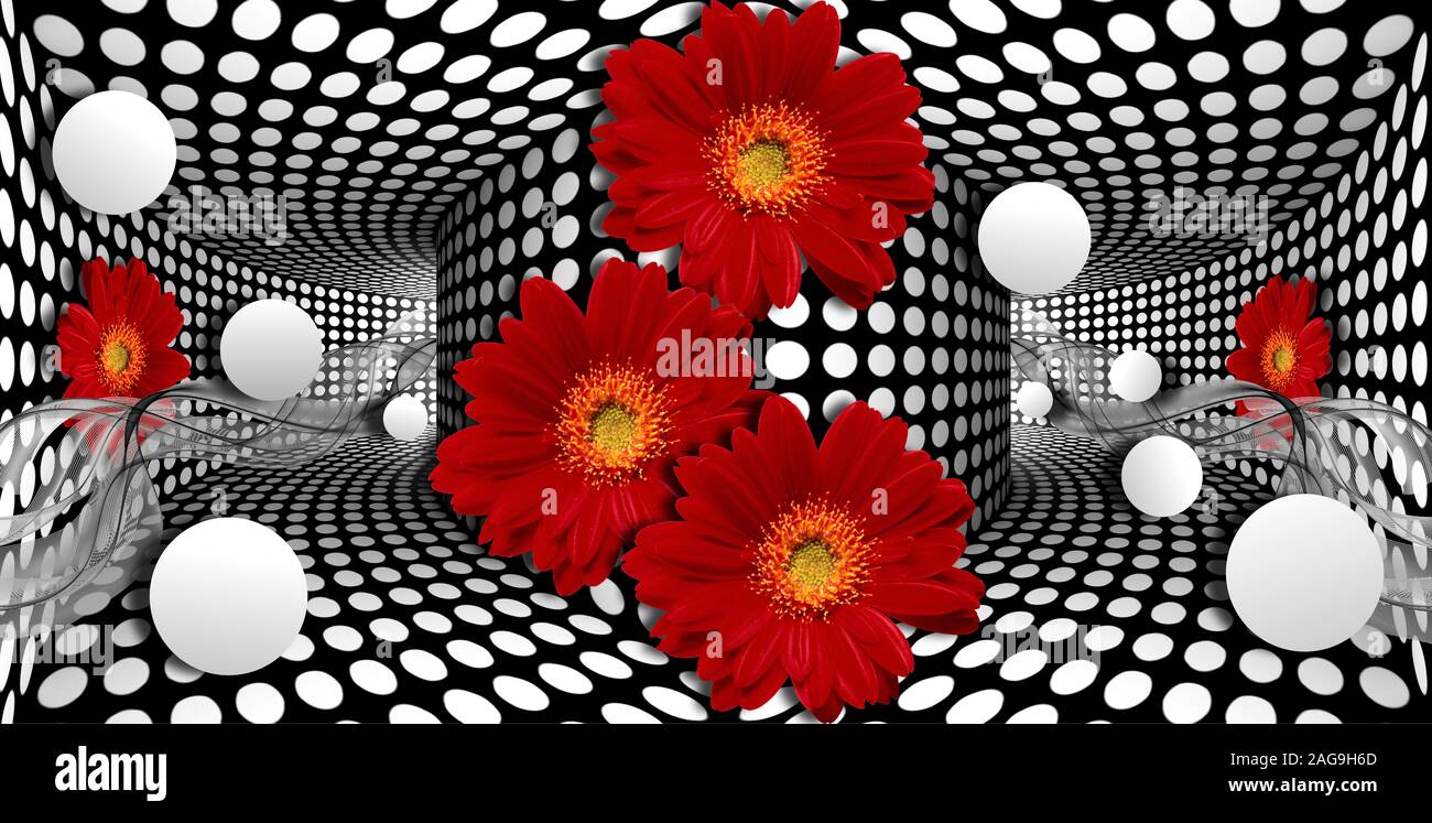 3D-Tapete, roten Gerbera und Kugel auf optische Illusionen Hintergrund. Stockfoto