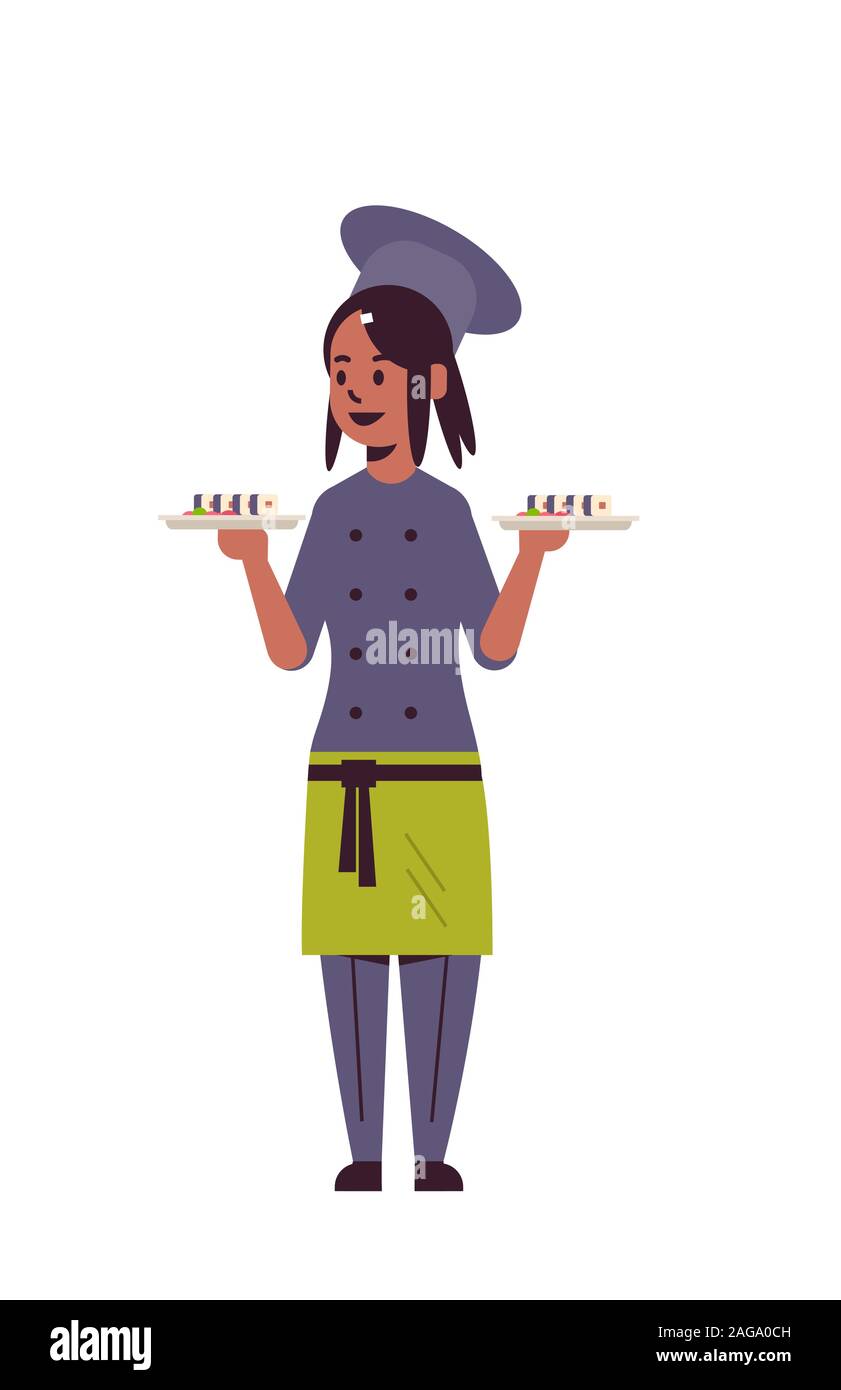 Weibliche Küchenchef holding Fächer mit frischem Sushi Rollen afrikanische amerikanische Frau Restaurant Küche Arbeiter in Uniform, die Platte mit traditionellen japanischen Essen kochen Konzept voller Länge vertikale Vektor illustration Stock Vektor