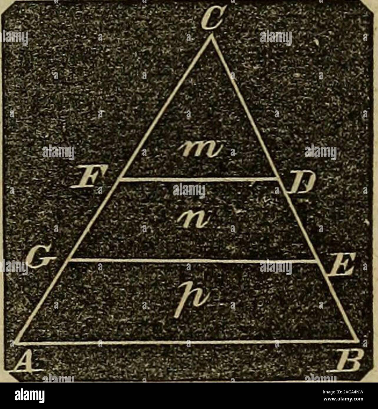 . Eine Abhandlung über die Vermessung und Navigation: die Vereinigung der theoretischen, der Praktischen und der pädagogischen Merkmale dieser Themen. Von einem Winkel des Dreiecks Seite zu theopposite. Lassen Sie ABE das Dreieck und einem Winkel, von denen die Leitungen bedrawn werden. Teilen Sie den gegenüberliegenden Seite intoparts im Verhältnis von m, n, p, Undvom in der Division 0 und B, und zeichnen Sie ein 0, AB, und das Dreieck Divi ist - ded wie erforderlich. Bemonsiration. - Die Bereiche der Dreiecke sind Ihre Basen multipliedinto ihre Höhen, aber hier alle Dreiecke haben die gleiche Höhe; daher die Multiplikation der Basen in die Stockfoto