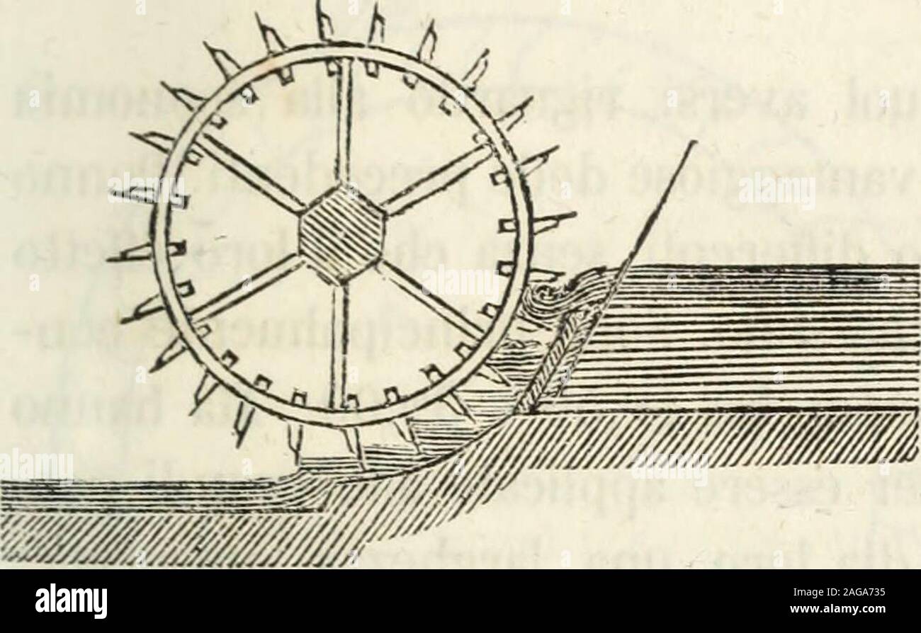 . Manuale pratico di idrodinamica: con un'appendice contenente Il testo di alcune leggi relative Alle Acque ad uso degli ingegneri Ed agenti di Campagna. 3 X 0,843 (4,43 - 2,30) x 2,30 = 632. Il lavoro od Effetto utile Richiesto, misurato Sulla circonferenzasullasse della Ruota, è adunque di 632 kilogrammi elevati di lm, 00 632 un secondo, ossia di=? 8,42 Cavalli - vapore. Osservazioni. ^25. Il massimo Effetto delle Ruote di Poncelet corrispondepresso ein Che au = 0,55 V. Però esso non cangia Molto cam-biando anche dassai il Rapporto tra cef; purché lacquanon sorta Dal lembo Superiore delle palmet Stockfoto