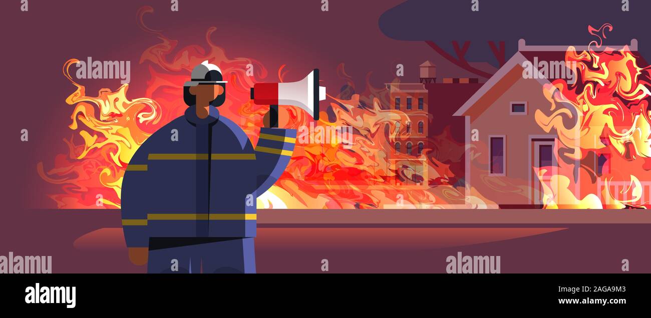 Mutige Feuerwehrmann holding Lautsprecher Feuerwehrmann in Uniform und Helm Notdienst Brandbekämpfung Löschmittel Feuer Konzept brennendes Haus Außen orange Flamme Hintergrund portrait Vector Illustration Stock Vektor