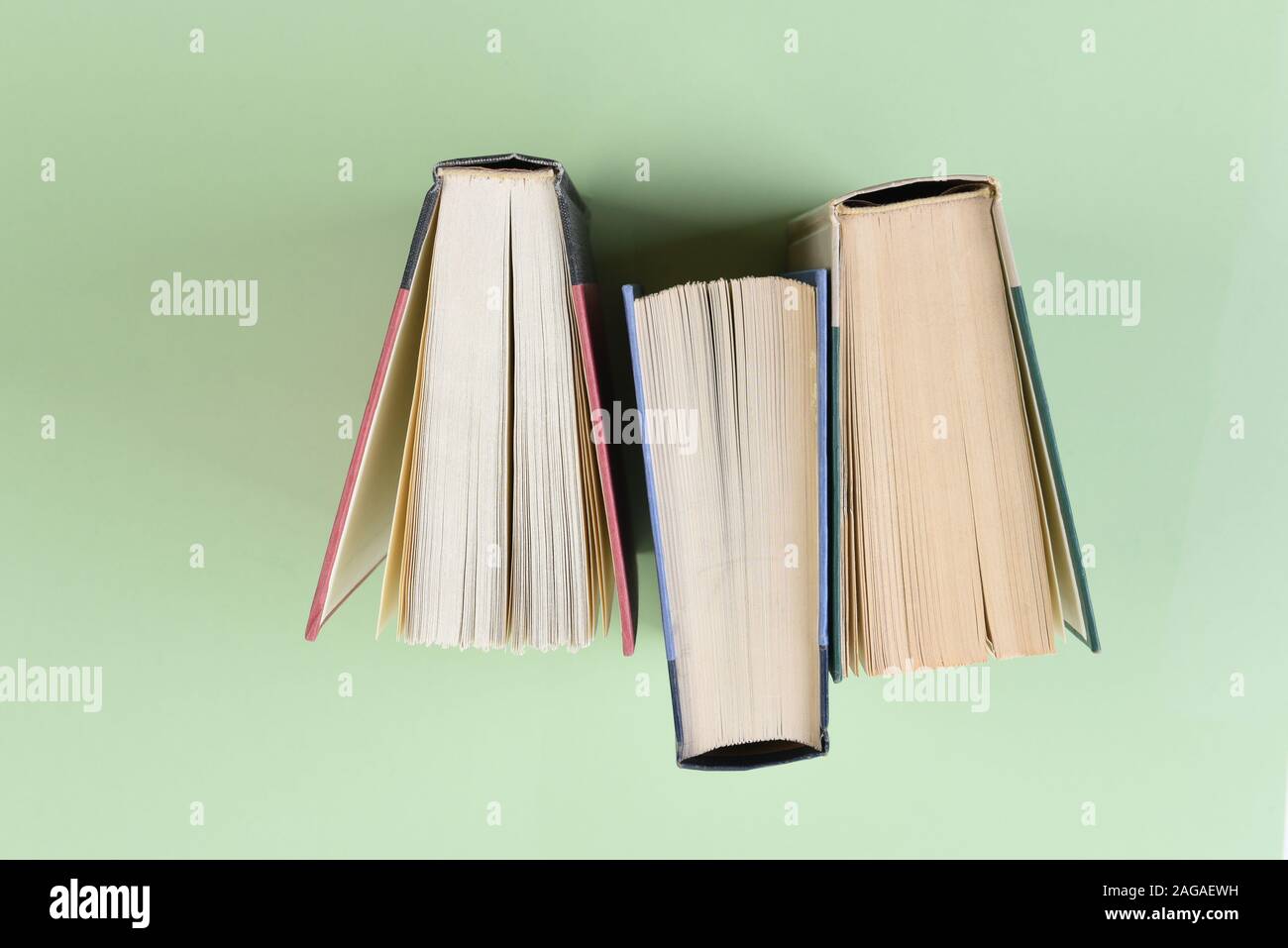 Über Kopf geschossen von drei Text Bücher stehen auf Ende auf einem hellgrünen Hintergrund. Stockfoto