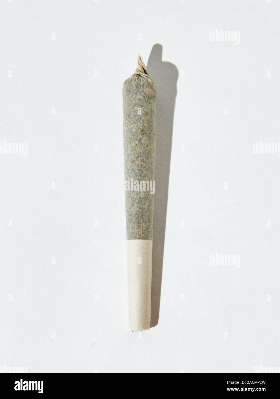 Vertikale isolierte Aufnahme eines Marihuanas stumpf auf weißem Hintergrund Stockfoto