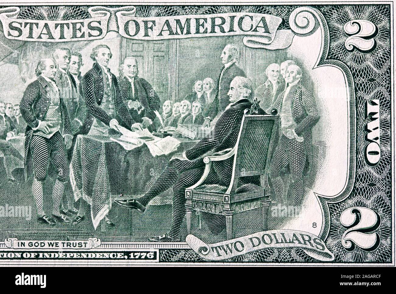 Usa 2 Dollar Bill - verfügt über eine Gravur des Gemäldes Erklärung der Unabhängigkeit von John Trumbull Stockfoto