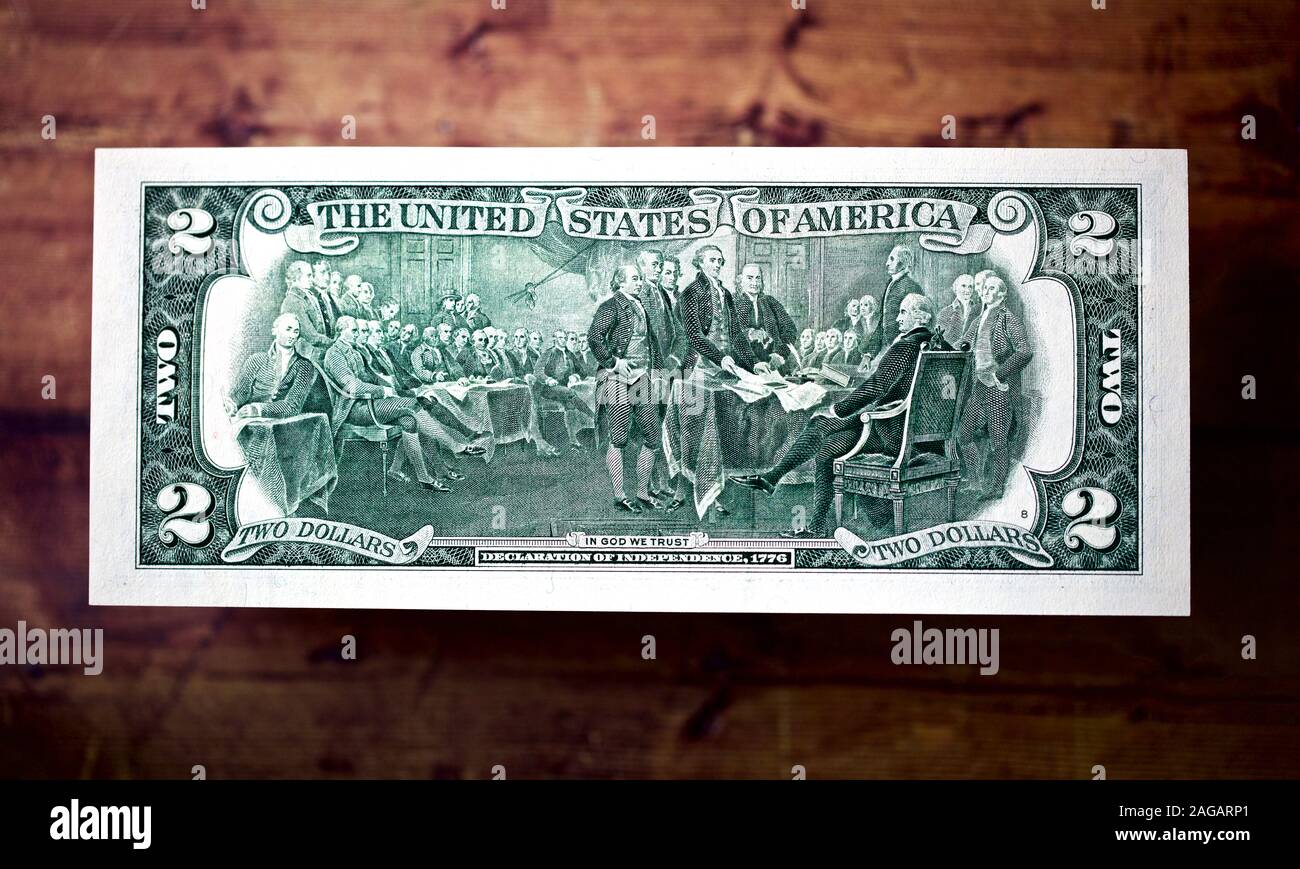 Usa 2 Dollar Bill - verfügt über eine Gravur des Gemäldes Erklärung der Unabhängigkeit von John Trumbull Stockfoto