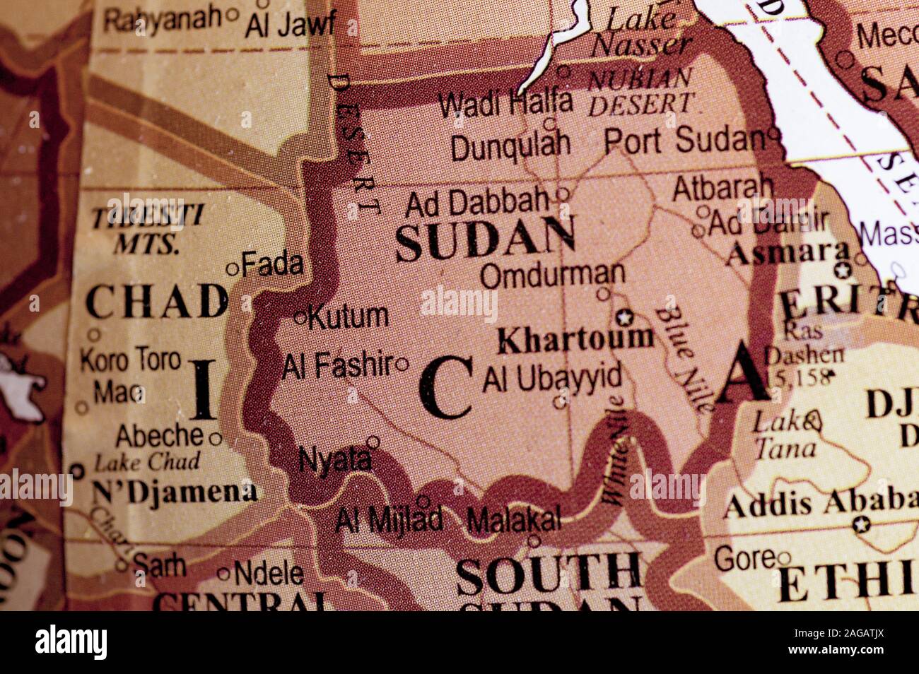 Nahaufnahme des sudanesischen Landes auf der Karte Stockfoto