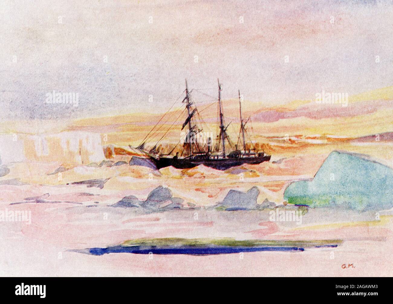 Zu sehen ist hier Shackleton's Schiff, die Nimrod, unter dem Eis in McMurdo Sound, der Winter Land Viertel der British Antarctic Expedition. Die Legende geht weiter: Von Sir Ernest Shackelton's Erlaubnis aus seinem Buch "Im Herzen der Antarktis", veröffentlicht durch. Herr Heinemann. Shackleton war ein britischer Polarforscher, der drei britischen Expeditionen in die Antarktis führte. Er war einer der wichtigsten Figuren der Periode als die heroischen Zeitalter der Antarktischen Erforschung bekannt. Shackleton ging in McMurdo Sound im Jahre 1908. Er starb im Jahre 1922. Stockfoto