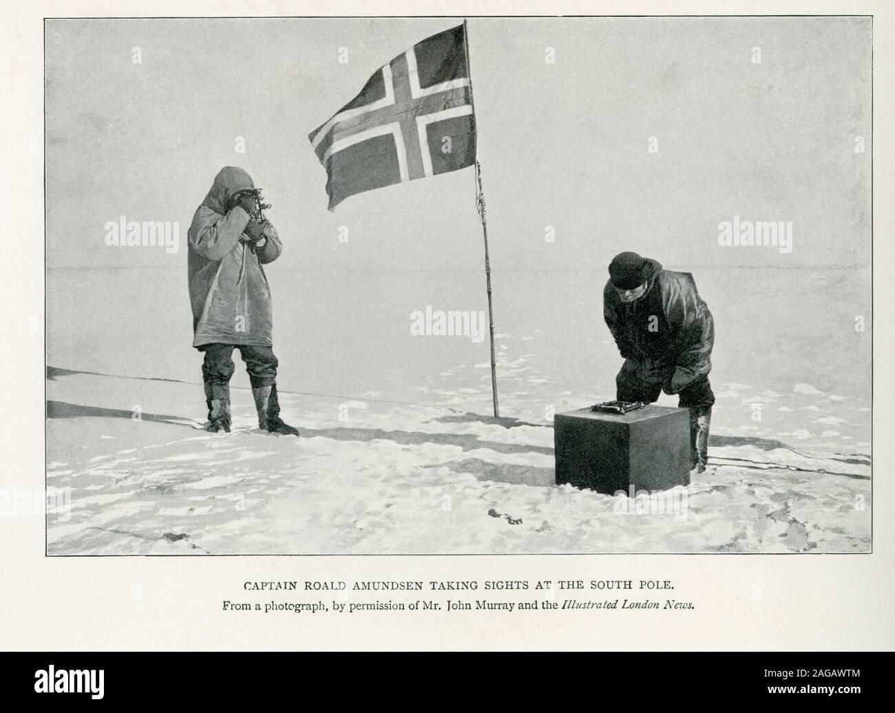 Dieses Foto zeigt Kapitän Roald Amundsen die Sehenswürdigkeiten am Südpol. Die Beschriftung ist weiterhin von einem Foto, mit freundlicher Genehmigung von Herrn John Murray und der Illustrated London News. Amundsen war eine norwegische Forscher der Polargebiete und eine Schlüsselfigur der heroischen Zeitalter der Antarktischen Erforschung. Er führte die erste Expedition die Nord-West-Passage über das Meer zu überqueren, von 1903 bis 1906, und die erste Expedition zum Südpol 1911. Stockfoto