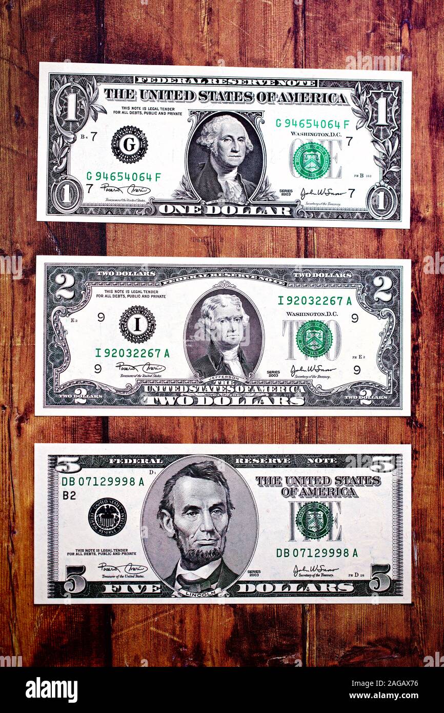 United States one-dollar Bill, zwei - Dollar Bill und fünf Dollar Bill Stockfoto