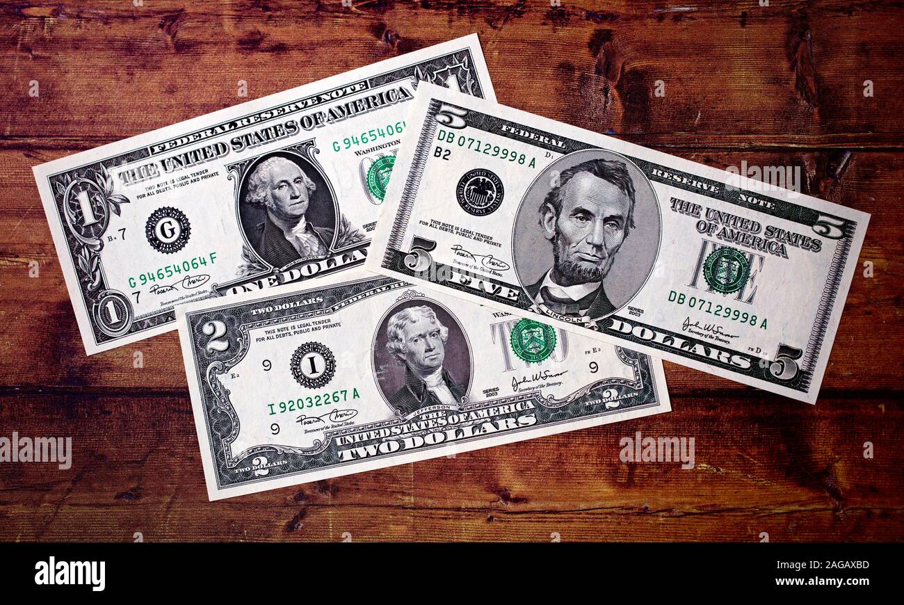 United States one-dollar Bill, zwei - Dollar Bill und fünf Dollar Bill Stockfoto