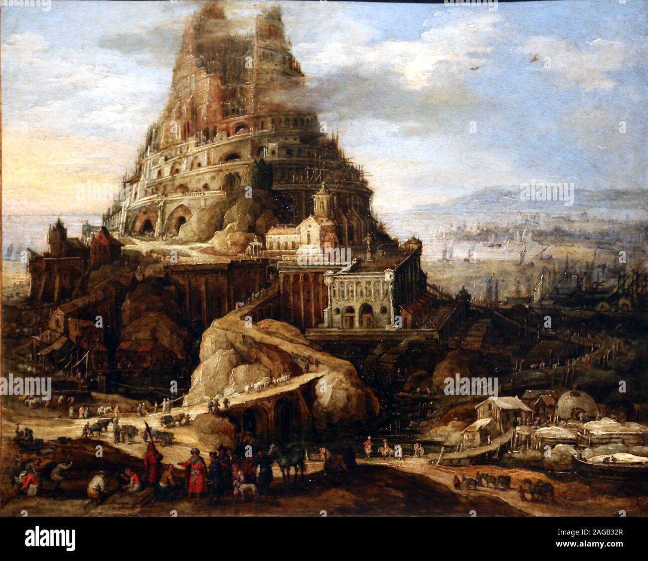Turm von Babel, Öl auf Kupfer. C1600. Joos de Monper, der Jüngere (1564-1635) Atrib. Museu Nacional de Arte Antiga, Lissabon, Portugal. Stockfoto