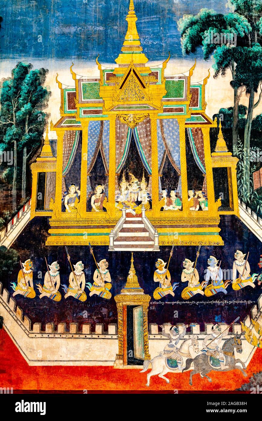 Farbenfrohe Wandmalereien im Königlichen Palast, Phnom Penh, Kambodscha. Stockfoto