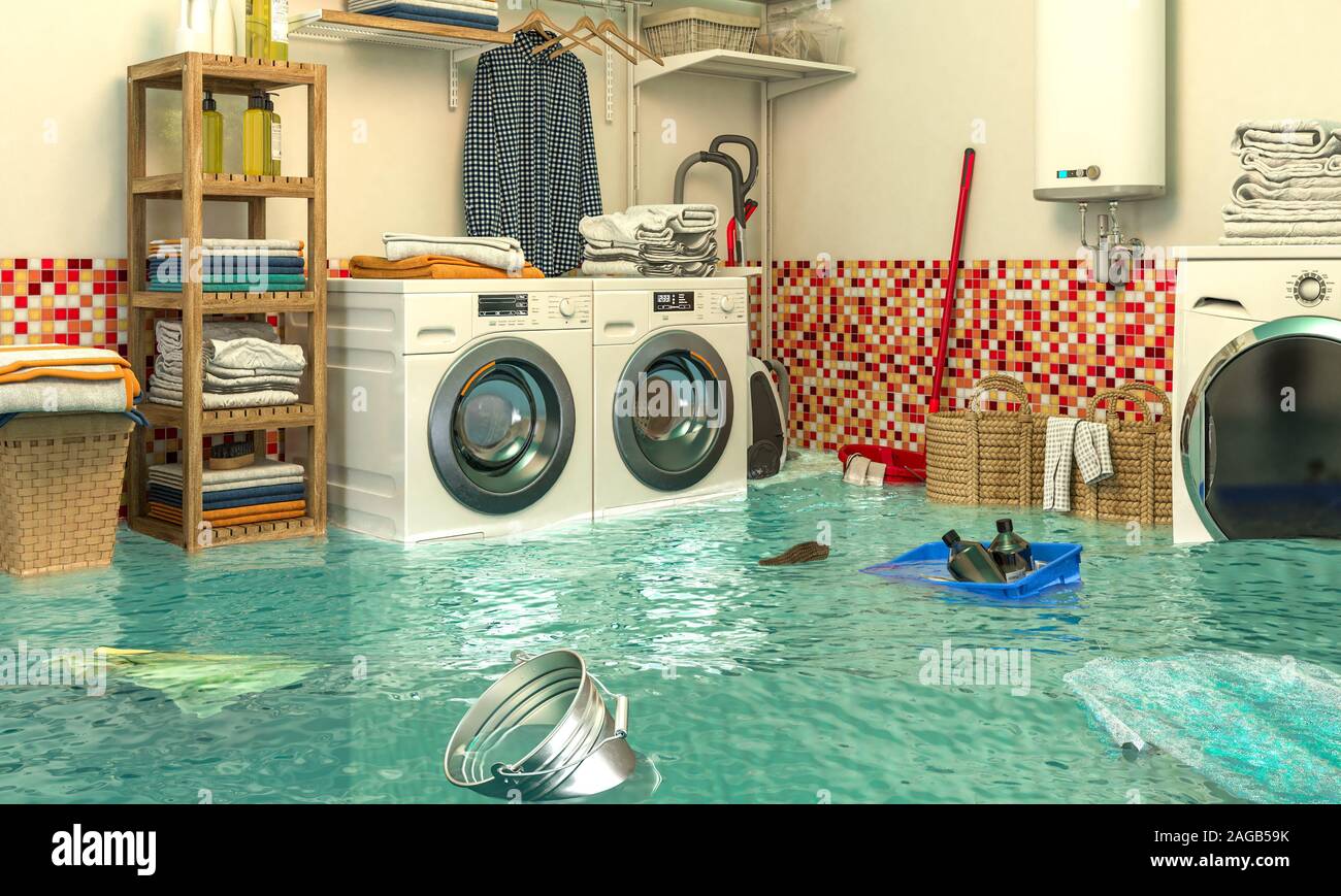 3D-Render Bild eines inneren von einem überfluteten Wäscheservice. Konzept der Probleme. Stockfoto