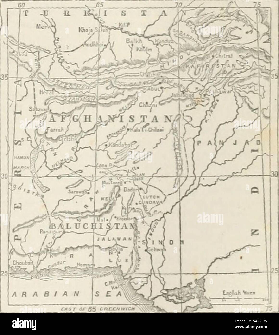 . Die Encyclopedia Britannica; ... Ein Wörterbuch der Kunst, der Wissenschaft und der allgemeinen Literatur., N. und E. seine Quellen, leitet er auf toabout 63°12 E.lang., wenn er wieder nördlicher Richtung zu Jalk. Die so ermittelten, Balutschistan hat anarea von etwa 106,500 sq.km. Es erstreckt sich von lat. 24° 50 bis 30° 20 und von Lange. 61° 10 bis 68° 38; es "extreme Länge von E. W., 500 Meilen, und es "Breite 370. Der Umriss des Meeres la im Allgemeinen remarkablyregular, laufen fast durch E. und W., ein wenig N. Der lat. 24° 46 von Kapstadt Slonze, an der Grenze von Sindh; CapeJewnee, in der Nähe von Stockfoto