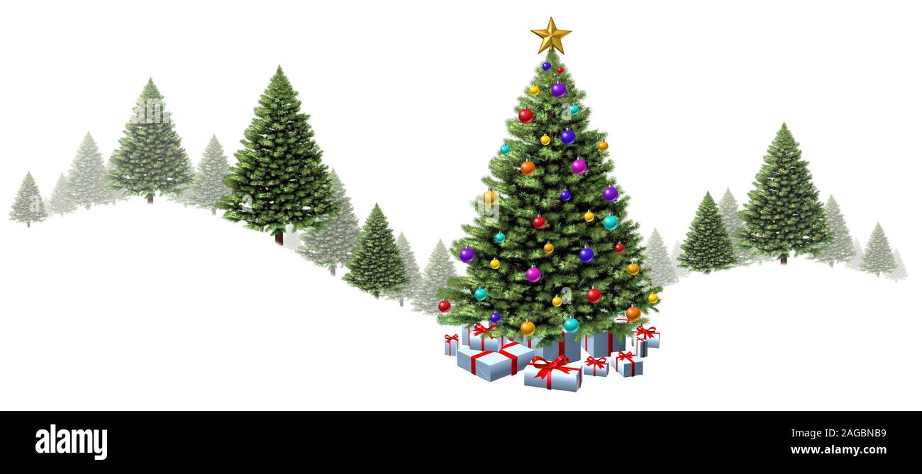 Weihnachtsbaum Wald Grenze als gestaltet mit dekorativen Kugeln und Geschenke mit roten Bändern und Schleifen Kiefer als saisonale Symbol des Winters. Stockfoto