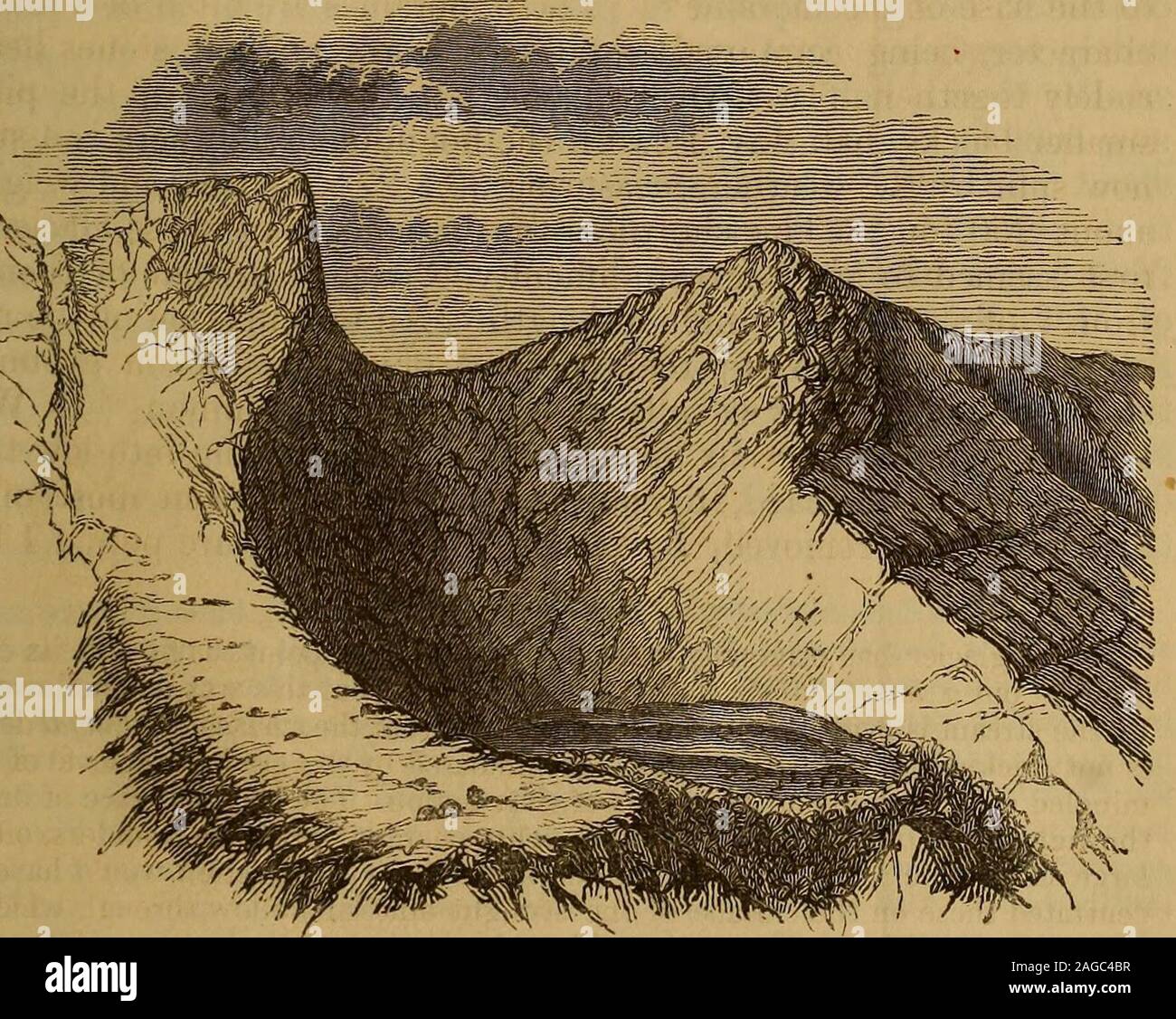 . Die Zeitschrift der Geologischen Gesellschaft in London. Silurische Felsen. 1. Moraine Formung der Damm des Sees. 2. Nut- und polierten Oberflächen von mehr alten Gletscher gebildet. 3. Pleistozän drift auf einer Höhe von 2300 Metern. Es gibt andere Fälle, wie in Cwm Graianog, Nant Francon (seefig. 2), wo die Entwässerung sofort filtrieren das lose Pfähle ofstones, keine aufgestaute Wasser ist innerhalb der Barriere gefunden. Abb. 2.-Cwm Graianog, Nant Francon, in einem Terminal moraineof lose Steine, gesteht der Entwässerung der Senke. Aber diese Moränen sind oft auf einem niedrigeren Niveau als viel von Stockfoto