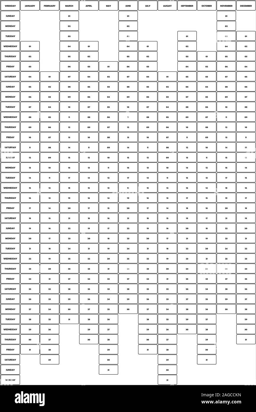 2020 Planer Kalender Hochformat schwarz auf transparentem Hintergrund abgerundete Ecken HAFTNOTIZEN Stock Vektor