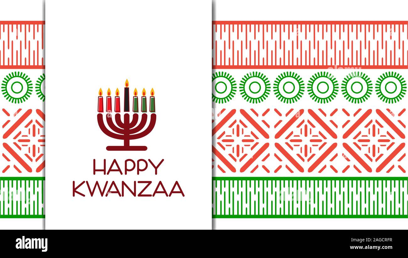 Happy Kwanzaa. Grußkarte mit kinara und traditionellen farbigen Kerzen. Vector Illustration Stock Vektor