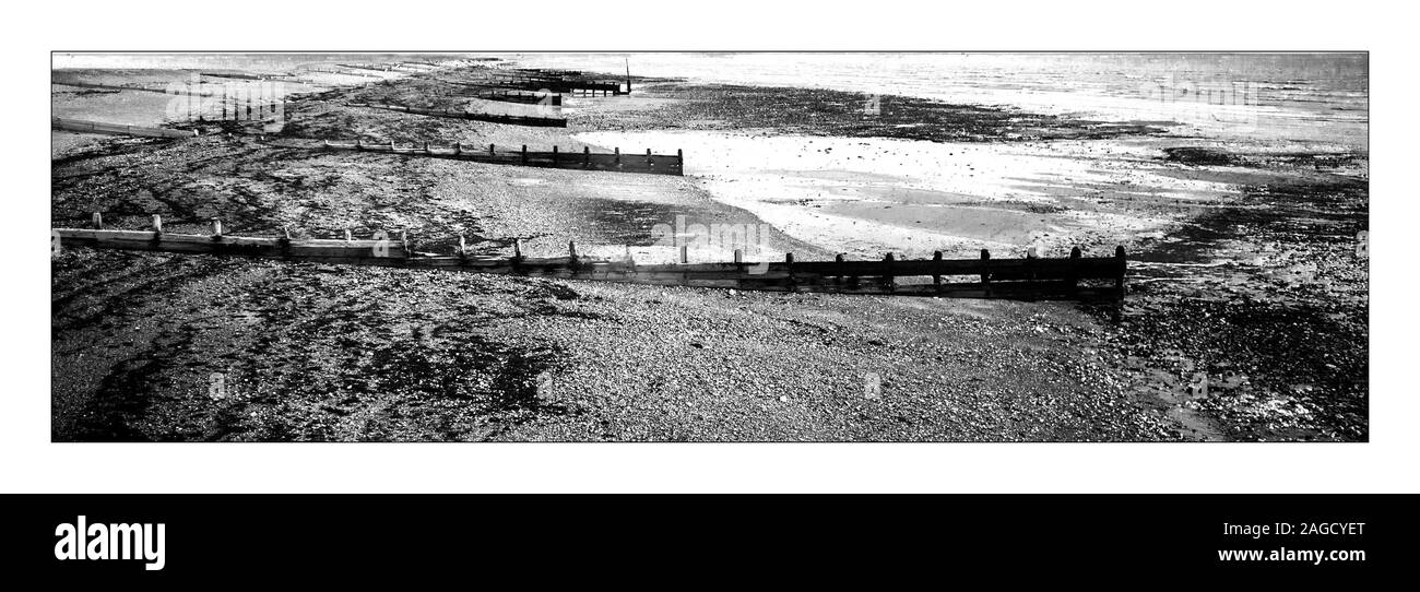 Graustufen Panoramablick auf das Meer mit Holzgrenzen in der Nähe Es ist von nassem Sand umgeben Stockfoto