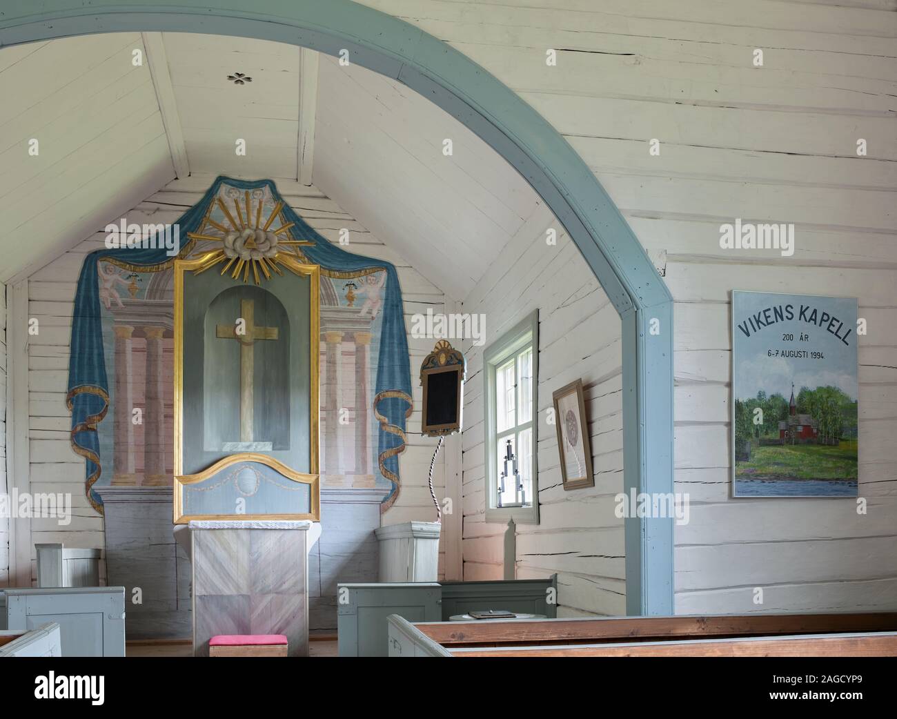Innenraum der Viken Kapelle bei Viken, bei Gäddede, Schweden Stockfoto