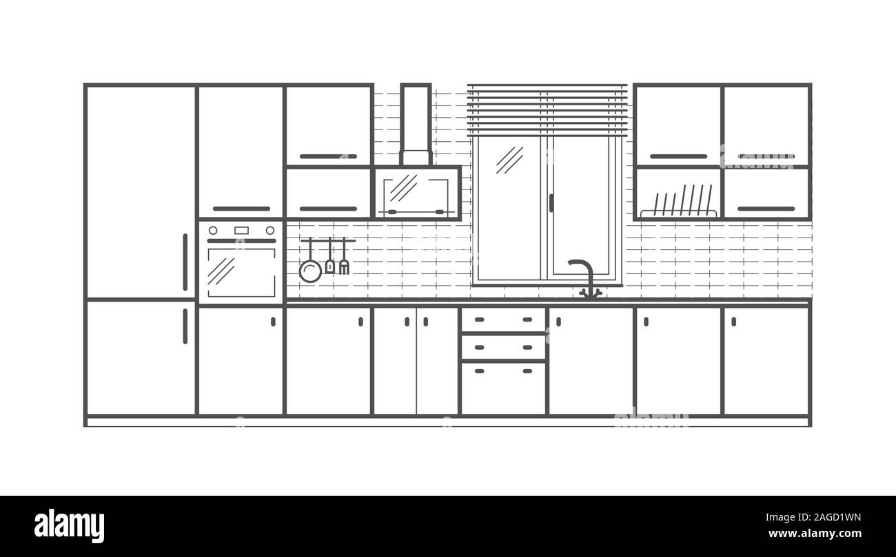 Küchenmöbel Vorderansicht in linearen Stil. Vector Illustration Stock Vektor