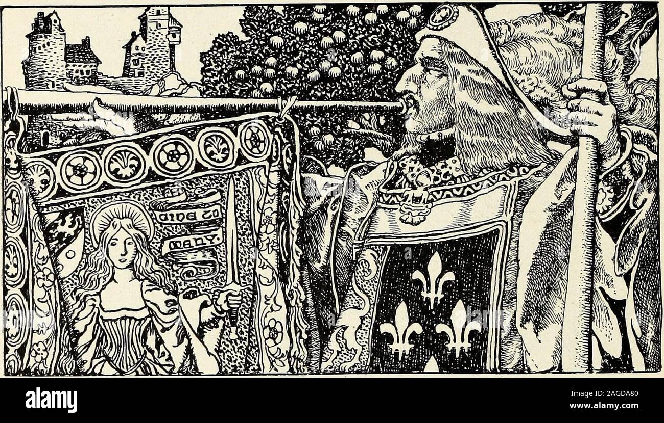 . St. Nikolaus [Serial]. Die Geschichte von König Artus und seine Ritter.* Von Howard Pyle.. Kapitel III. Wie Arthur kannte sich. Also wenn Arthur sprang noch einmal über die thebarriers des Turniers Feld, Lager withhim die wunderbare Schwert in seinem Mantel, es war Sir Kay noch Tastung oben und unten inhis Fury, während der Kampf noch in der Mitte der Ebene donnerte andsmoked. Zu ihm ranArthur in aller Eile, Weinen: Bruder! Bruder! Lo! Hier ist ein neues Schwert ich forthee erhalten haben! Womit er beiseite schleuderte die Falten ofhis Umhang und bot die glave vom Blade toSir Kay. Helle geflasht, st Stockfoto