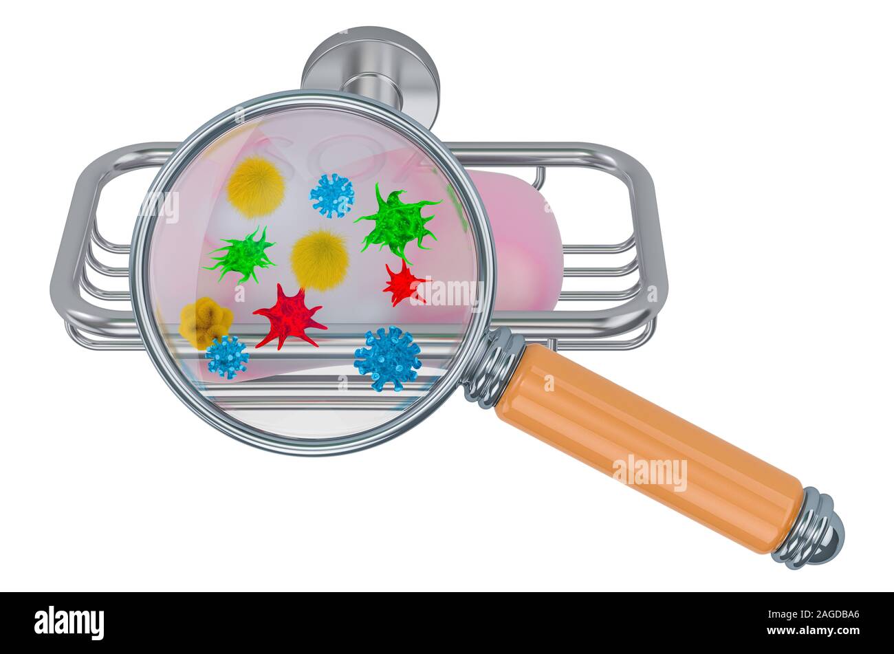 Seife in der Soap-Teller mit Viren und Bakterien unter der Lupe, 3D-Rendering auf weißem Hintergrund Stockfoto
