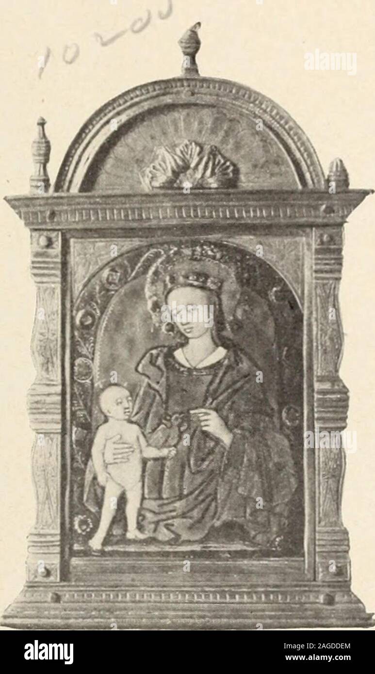 . Objets d'Art et de haute curiosité de l'Antiquité, du Moyen Age et de la Renaissance. uleurs parNardon Pénicaud. Limoges, Beginn du xvi<^siècle, et présentant laVierge vue à Mi-Korps, Mieter lEnfant Jésus, qui Porte de la Main gaucheune Colombe; monture en cuivre Doré gravé et du XVI Siècle. Hauteur insgesamt, 17 Cent. Largeur totale, m. 191 - Plaoue en émail Peint en couleurspar Nardon Pénicaud. Limoges, Kom- mencement du XVI Siècle. La Viergecouronnée par le Christ et bénie par lePère Eternel; au-dessus Delle, le Saint-Esprit. Encadrée. Hauteur et largeur totales, Cent.ig2 - Stockfoto