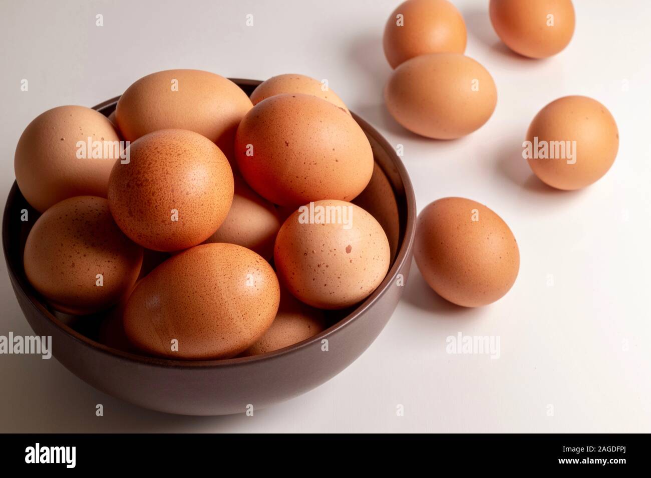Schale braune Eier auf weißem Hintergrund Stockfoto