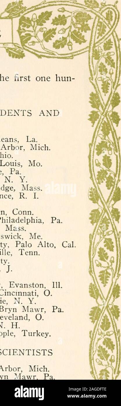 . Die Geschichte der Hall of Fame, auch das Leben und die Porträts der Auserwählten und derjenigen, die kaum Wahl verpasst. Auch eine Liste der am meisten geeignete Frauen. Messe Henry Wade Rogers, Northwestern University, Evanston, 111. David S. Schaff, Lane Theological Seminary, Cincinnati, O. James M. Taylor, Vassar College, Poughkeepsie, N.Y. Frau M. Carey Thomas, Bryn Mawr College, Bryn Mawr, PA. c. F. Thwing, Western Reserve University, Cleveland, O. W. J. Tucker, Dartmouth College, Hanover, N.H. George Washburn, Robert College, Konstantinopel, Türkei. Professoren und Wissenschaftler H. Stockfoto