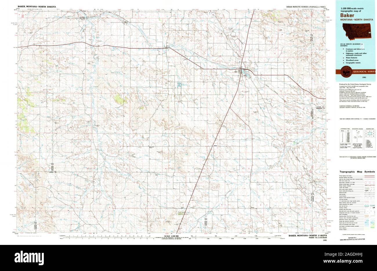 USGS TOPO Karte North Dakota MT Baker 268376 1981 100000 Restaurierung Stockfoto