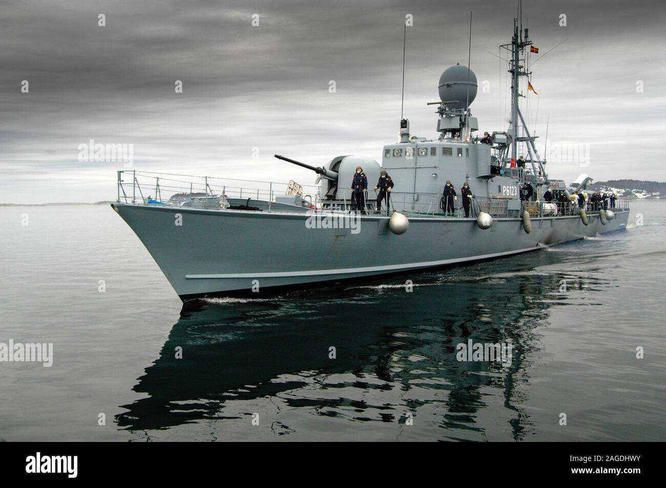 Der Typ 143 ist ein gepard Klasse schnelle Attack missile Craft 73 Hermelin' der Deutschen Marine (Deutsche Marine), die im Dienst von 1983 bis 2016 war. Hier in den norwegischen Gewässern gesehen. Stockfoto