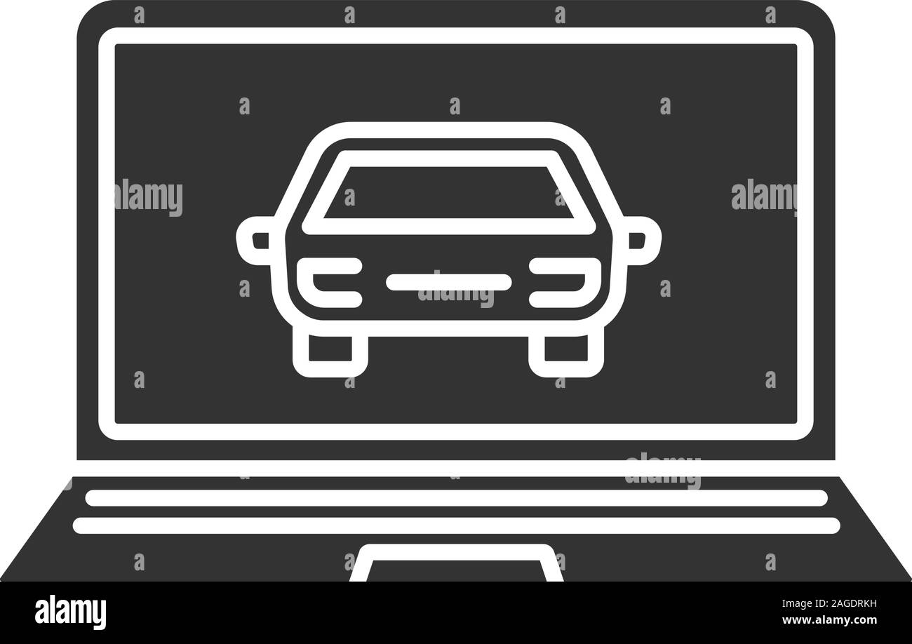 Laptop mit Auto glyph Icon. Silhouette Symbol. Negativer Platz. Taxi website. Vektor isoliert Abbildung Stock Vektor