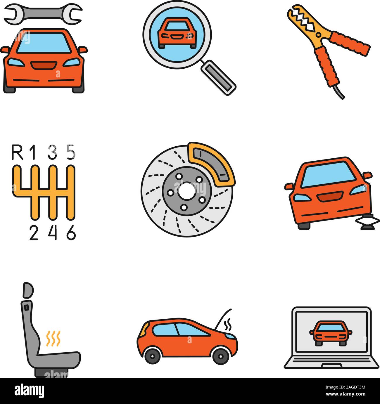 Auto workshop Color Symbole gesetzt. Reparatur Service, Auto suchen, auto Jumper, Getriebe, Bremse, Jack, Sitzheizung, gebrochen, Automobil, Computer diag Stock Vektor